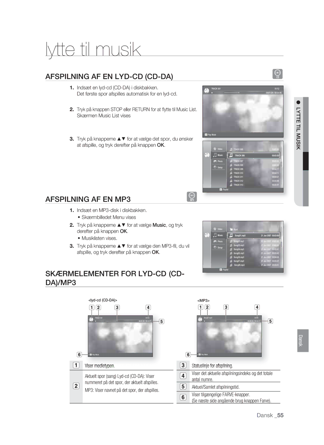 Samsung BD-P1400/XEE Lytte til musik, Afspilning AF EN LYD-CD CD-DA, Afspilning AF EN MP3, Skærmelementer for LYD-CD CD 