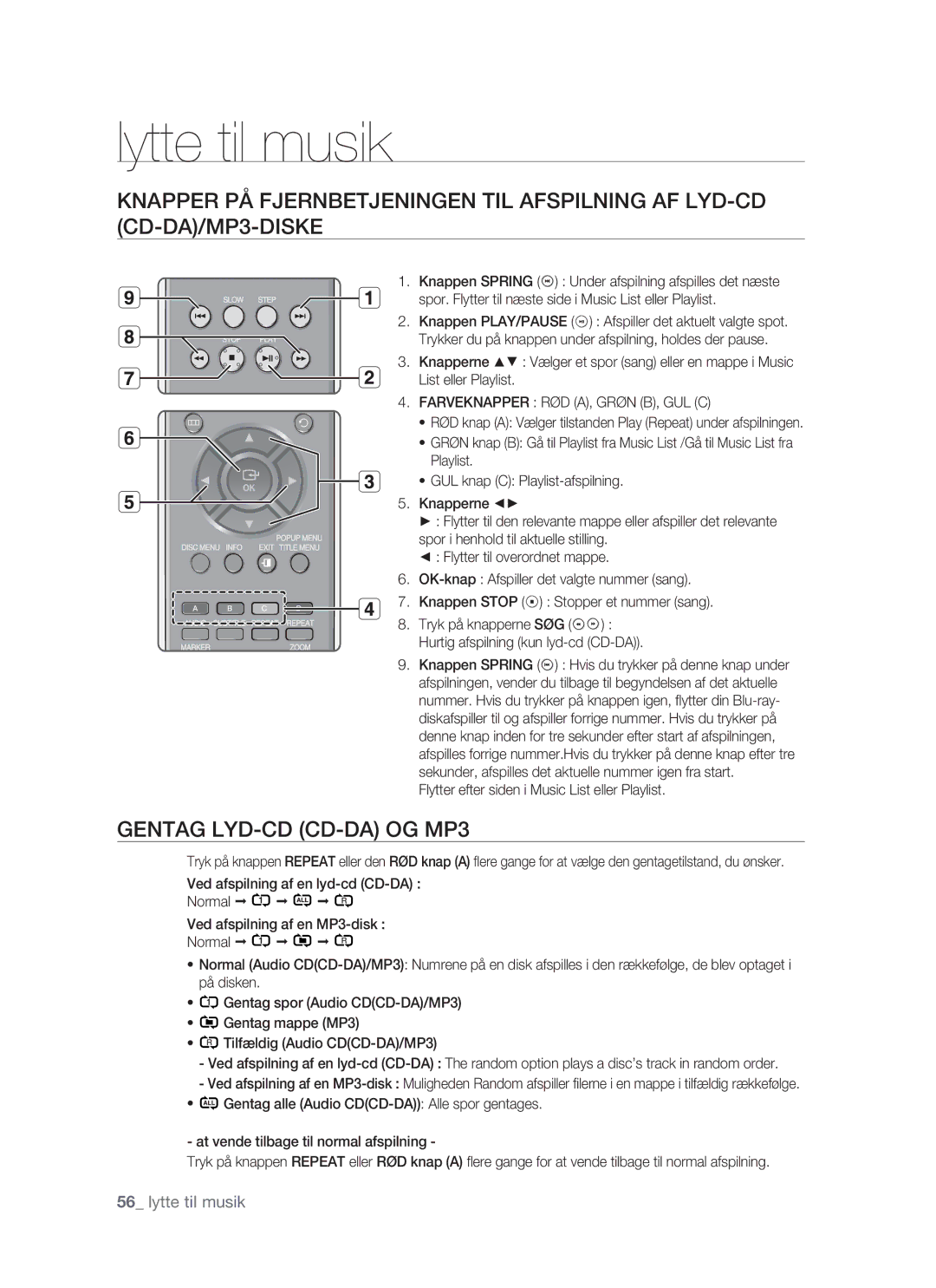 Samsung BD-P1400/XEE manual Gentag LYD-CD CD-DA OG MP3, Farveknapper RØD A, Grøn B, GUL C 