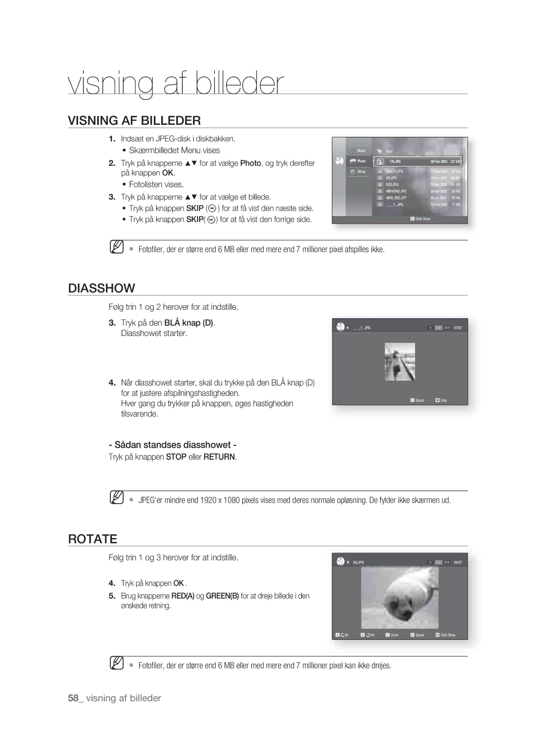 Samsung BD-P1400/XEE manual Visning af billeder, Visning AF Billeder, Diasshow, Rotate 