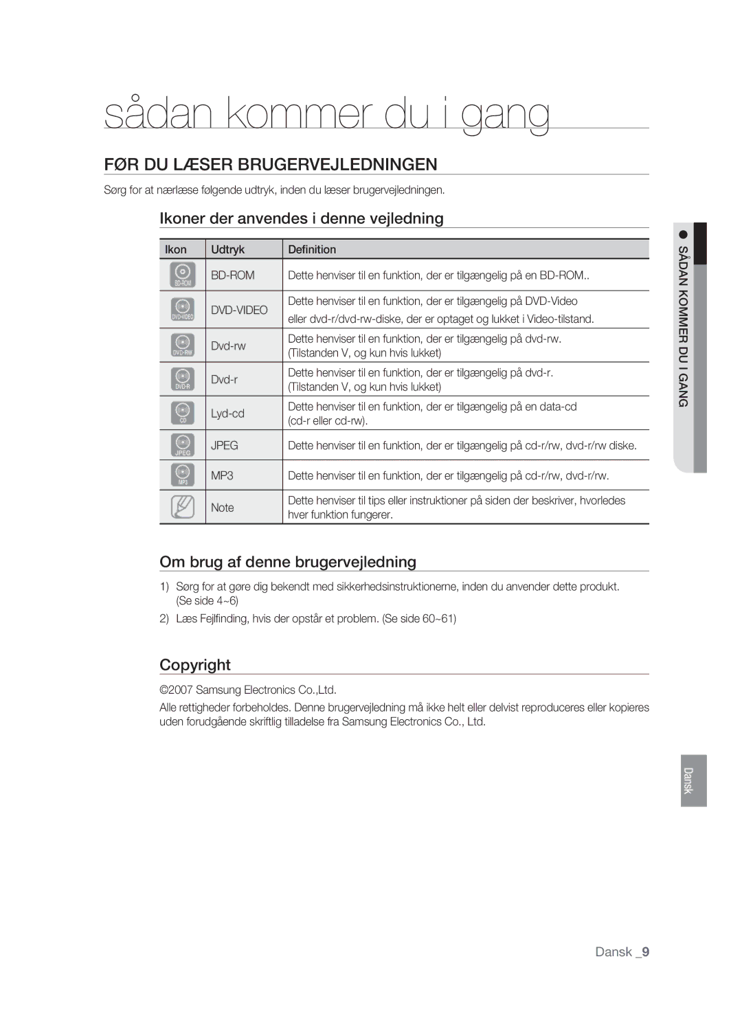 Samsung BD-P1400/XEE manual Sådan kommer du i gang, FØR DU Læser Brugervejledningen, Ikoner der anvendes i denne vejledning 