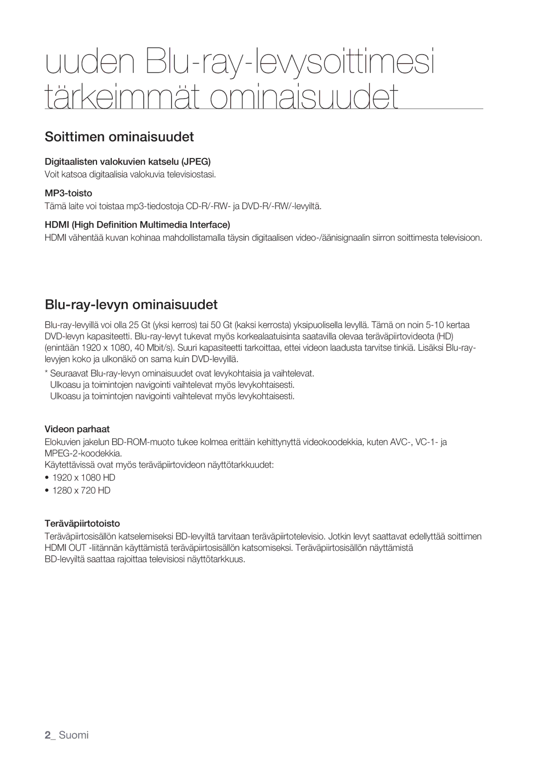 Samsung BD-P1400/XEE manual Uuden Blu-ray-levysoittimesi tärkeimmät ominaisuudet 