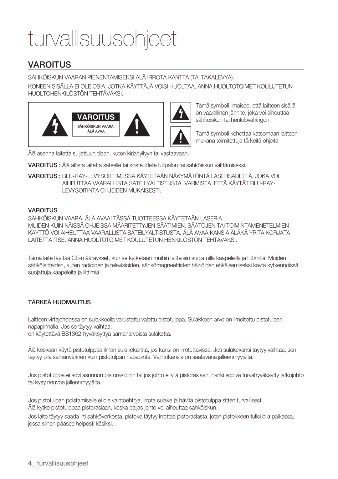 Samsung BD-P1400/XEE manual Turvallisuusohjeet, Varoitus, Tärkeä Huomautus 