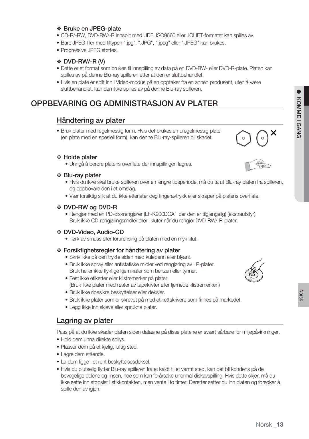 Samsung BD-P1400/XEE manual Oppbevaring OG Administrasjon AV Plater, Håndtering av plater, Lagring av plater 