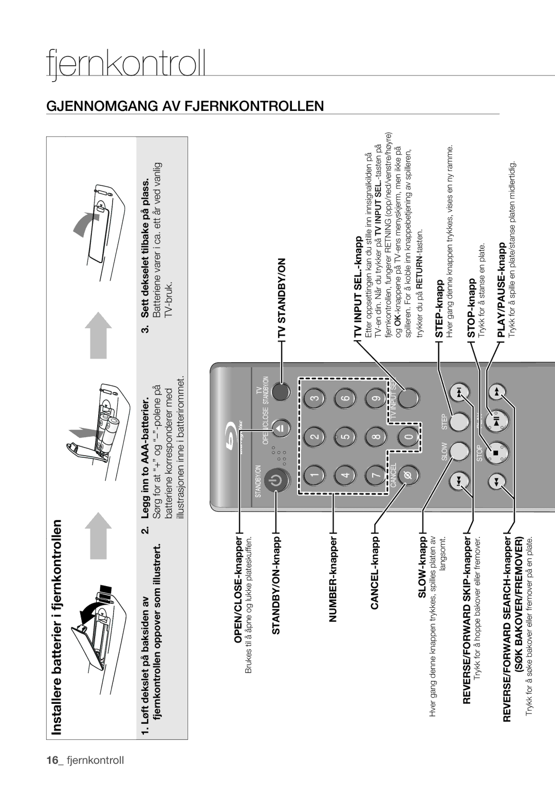 Samsung BD-P1400/XEE manual Fjernkontroll, Sørg for at + og --polene på 