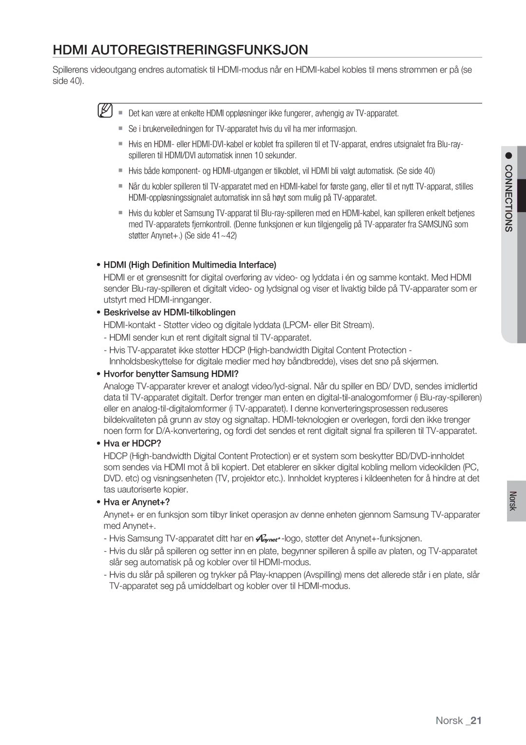 Samsung BD-P1400/XEE manual Hdmi Autoregistreringsfunksjon, Hvorfor benytter Samsung HDMI?, Connections 