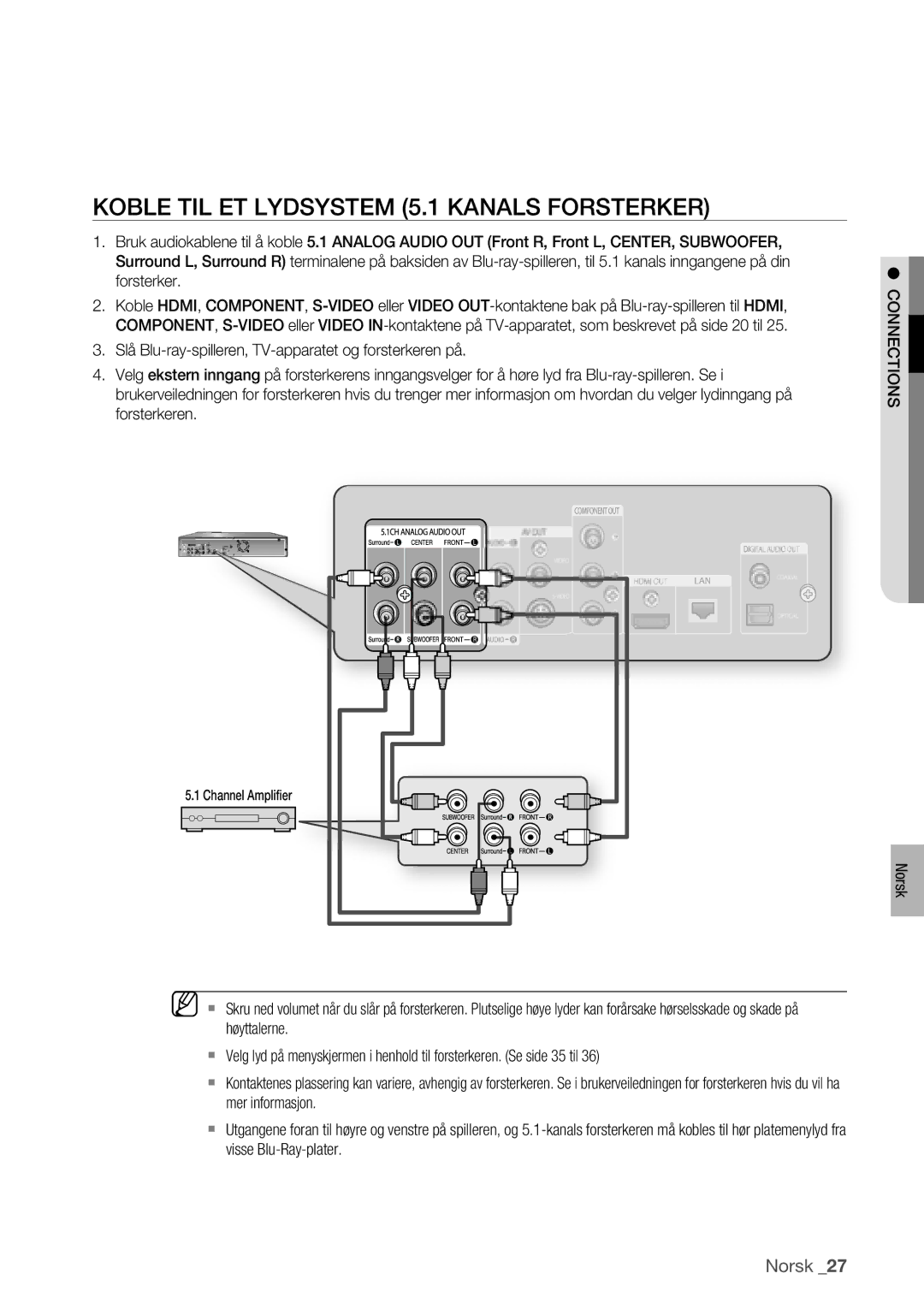 Samsung BD-P1400/XEE manual Koble TIL ET Lydsystem 5.1 Kanals Forsterker 