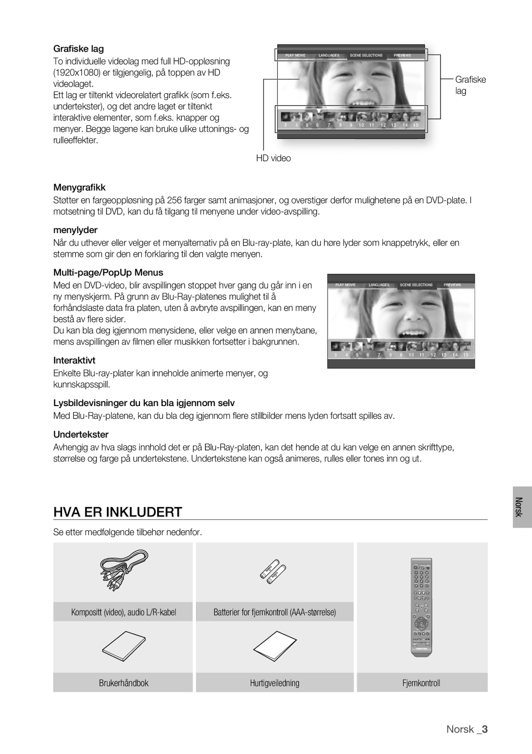 Samsung BD-P1400/XEE HVA ER Inkludert, Multi-page/PopUp Menus, Ny menyskjerm. På grunn av Blu-Ray-platenes mulighet til å 