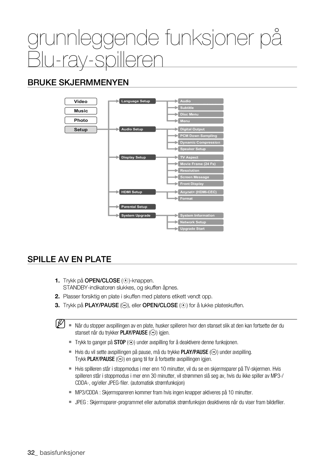 Samsung BD-P1400/XEE manual Bruke Skjermmenyen, Spille AV EN Plate 