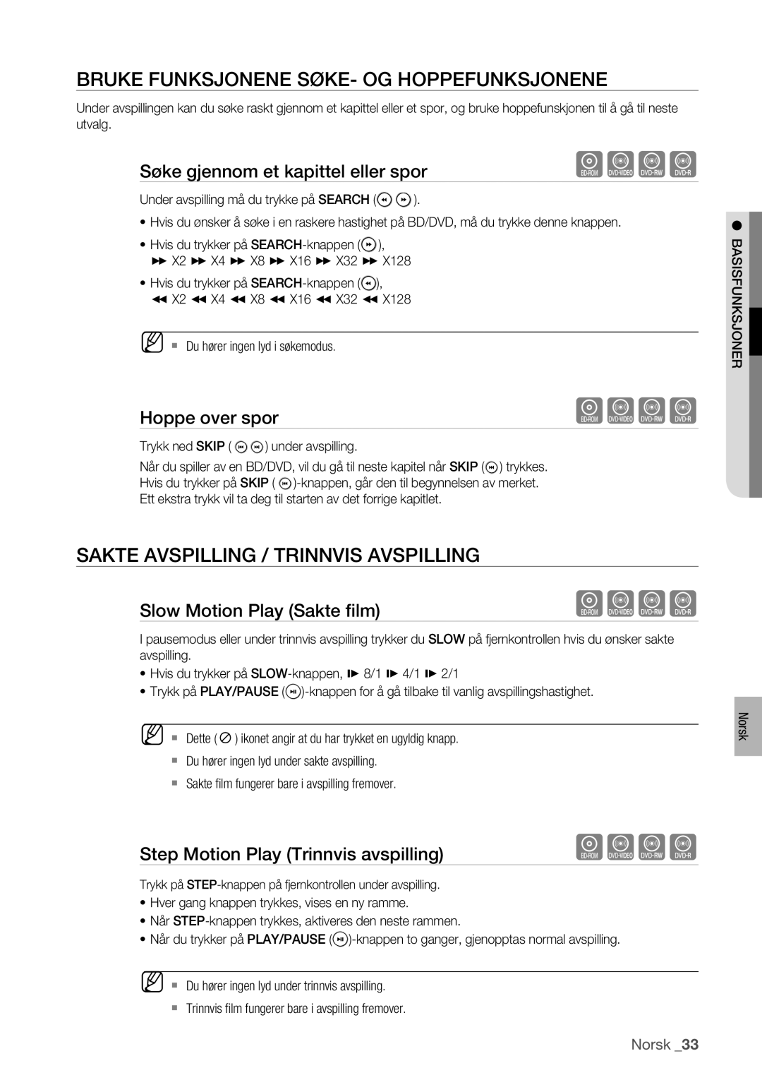 Samsung BD-P1400/XEE manual Bruke Funksjonene SØKE- OG Hoppefunksjonene, Sakte Avspilling / Trinnvis Avspilling 