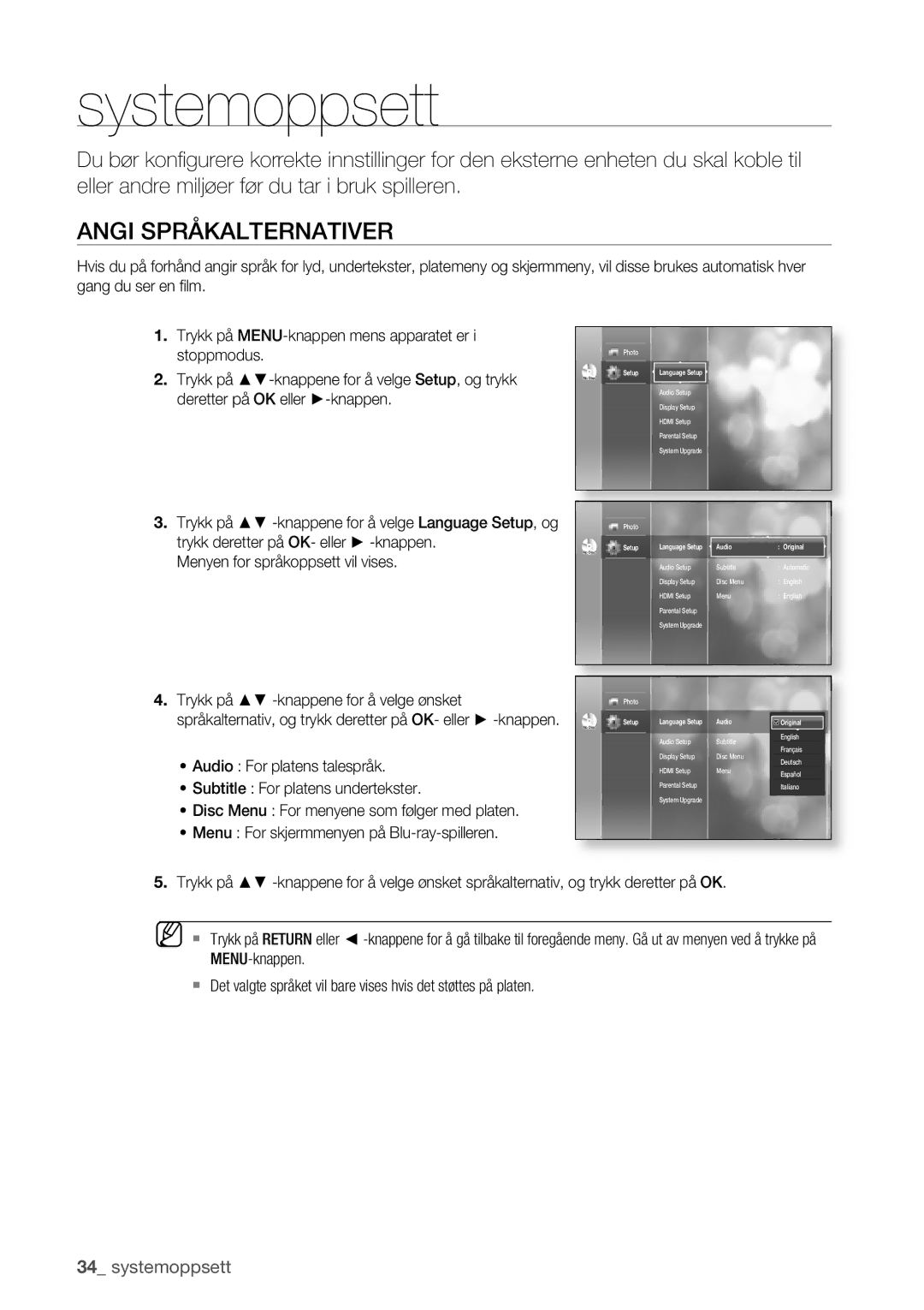 Samsung BD-P1400/XEE manual Systemoppsett, Angi Språkalternativer 