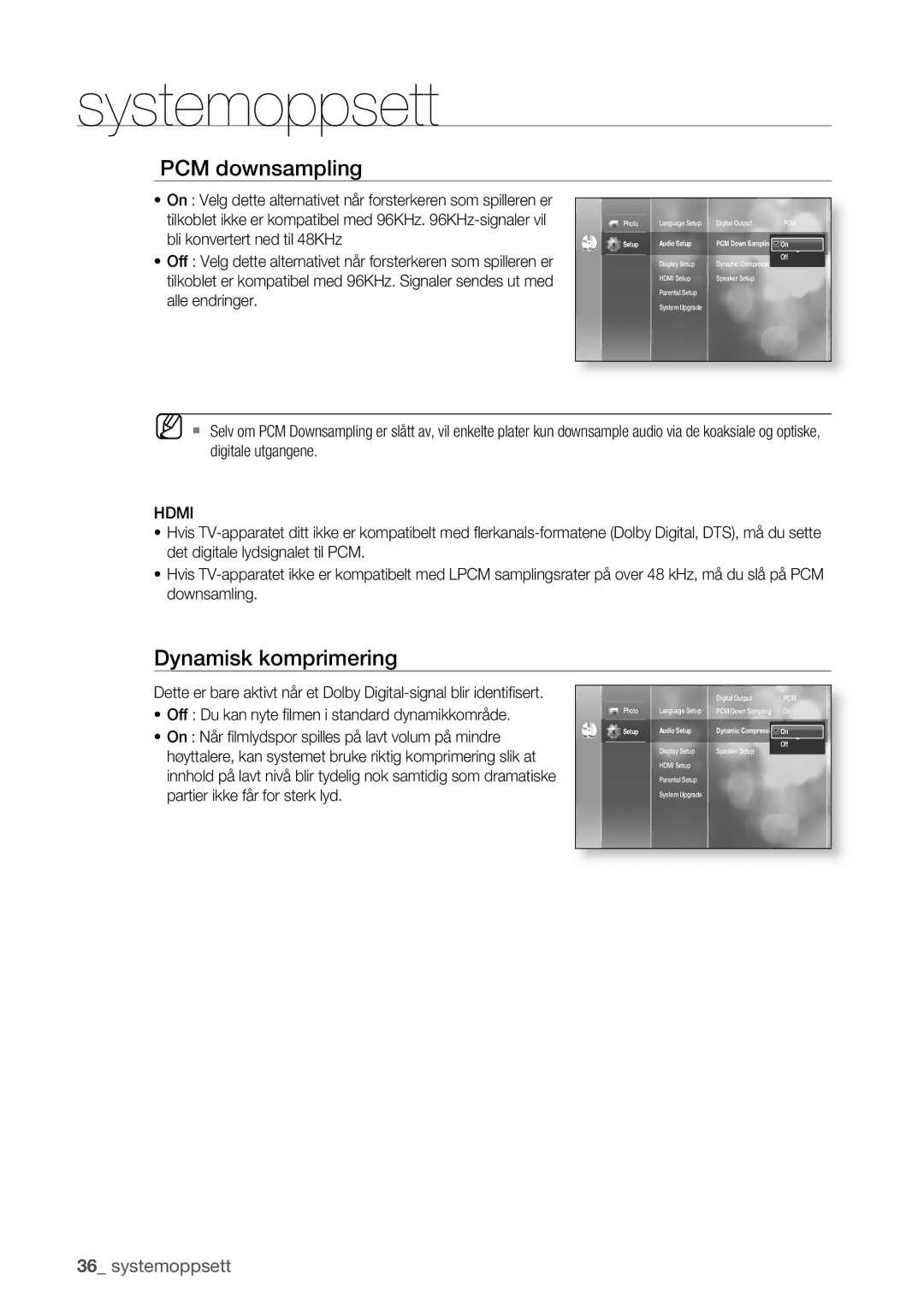 Samsung BD-P1400/XEE manual PCM downsampling, Dynamisk komprimering, Hdmi 