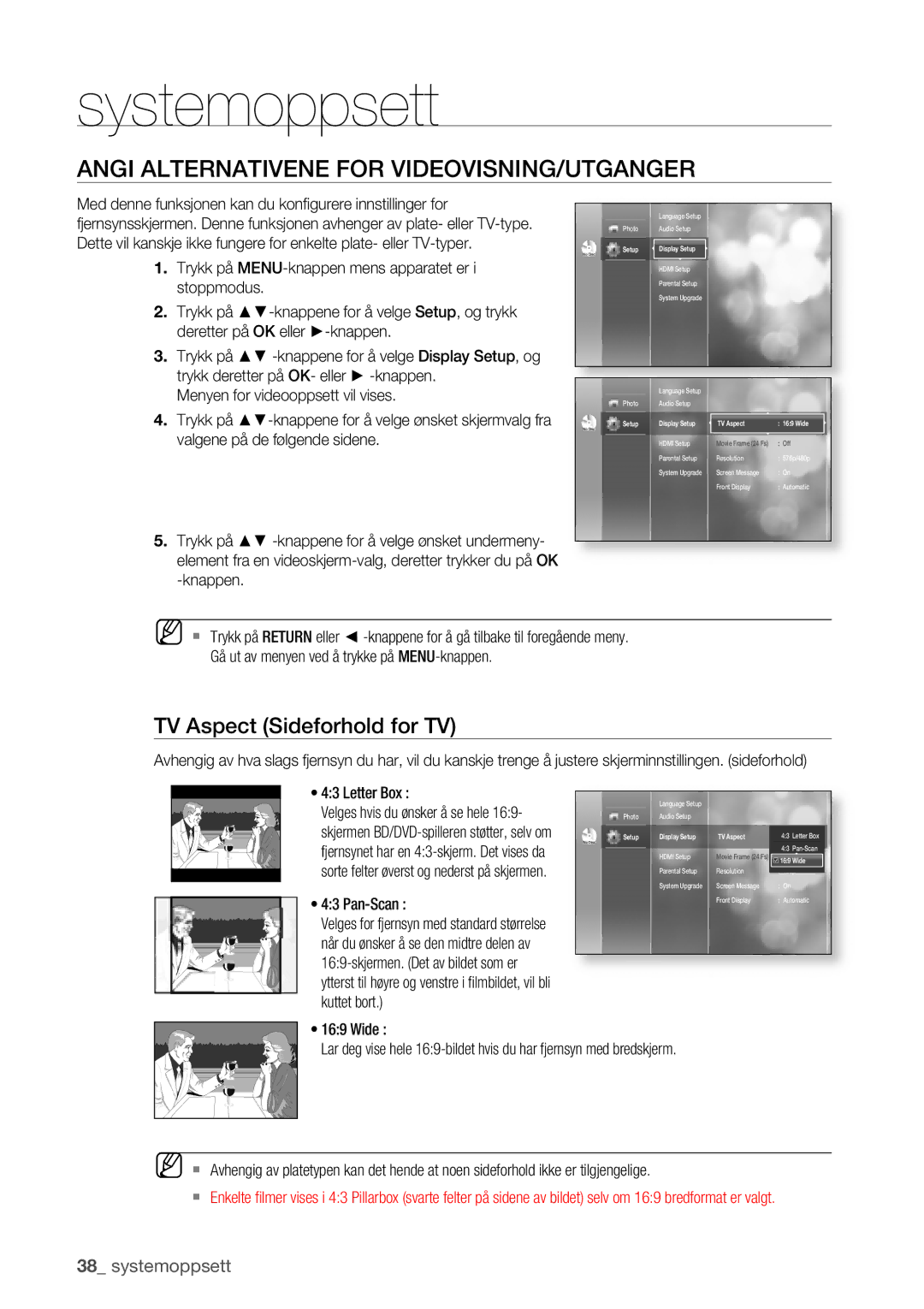 Samsung BD-P1400/XEE manual Angi Alternativene for VIDEOVISNING/UTGANGER, TV Aspect Sideforhold for TV, Pan-Scan 