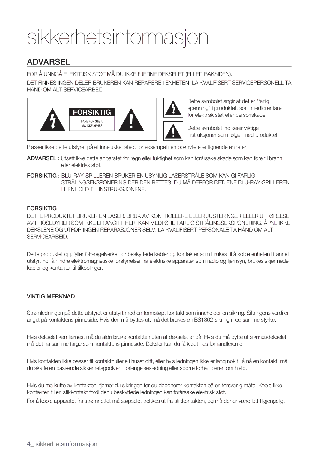 Samsung BD-P1400/XEE manual Sikkerhetsinformasjon, Viktig Merknad 