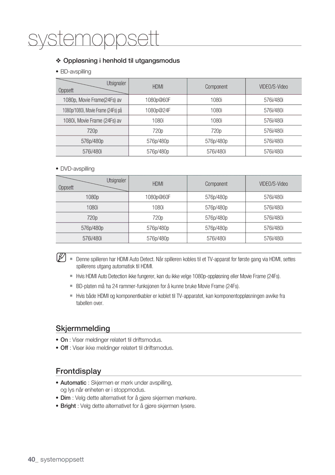 Samsung BD-P1400/XEE manual Skjermmelding, Frontdisplay 