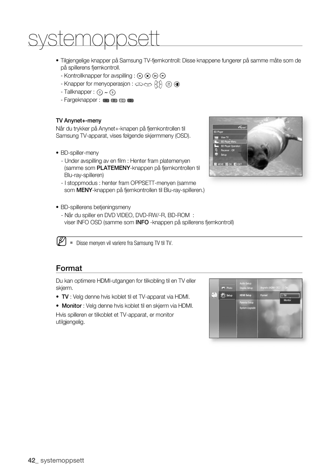 Samsung BD-P1400/XEE manual Format, Tallknapper Fargeknapper a B C D TV Anynet+-meny 