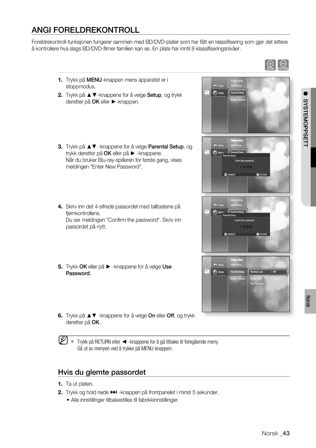 Samsung BD-P1400/XEE manual Angi Foreldrekontroll, Hvis du glemte passordet, Trykk OK eller på -knappene for å velge Use 