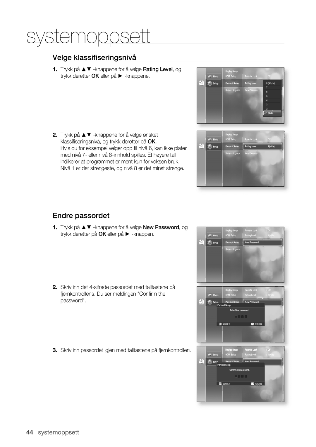 Samsung BD-P1400/XEE manual Velge klassiﬁseringsnivå, Endre passordet 