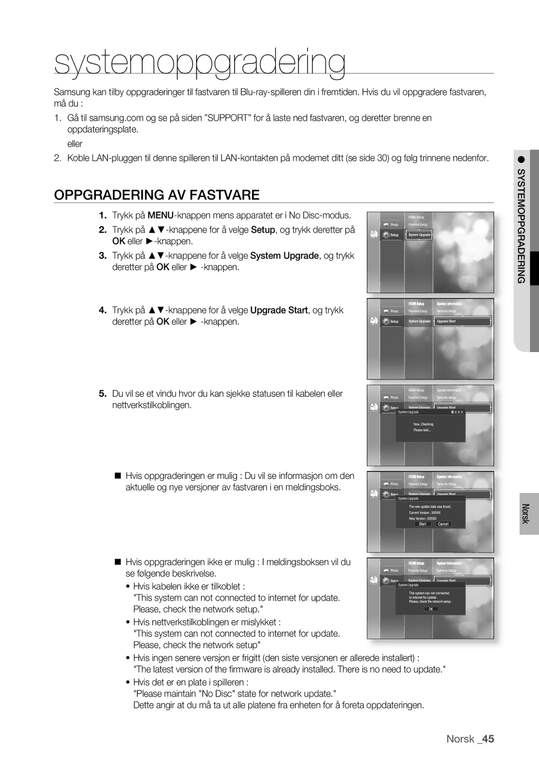 Samsung BD-P1400/XEE manual Systemoppgradering, Oppgradering AV Fastvare 