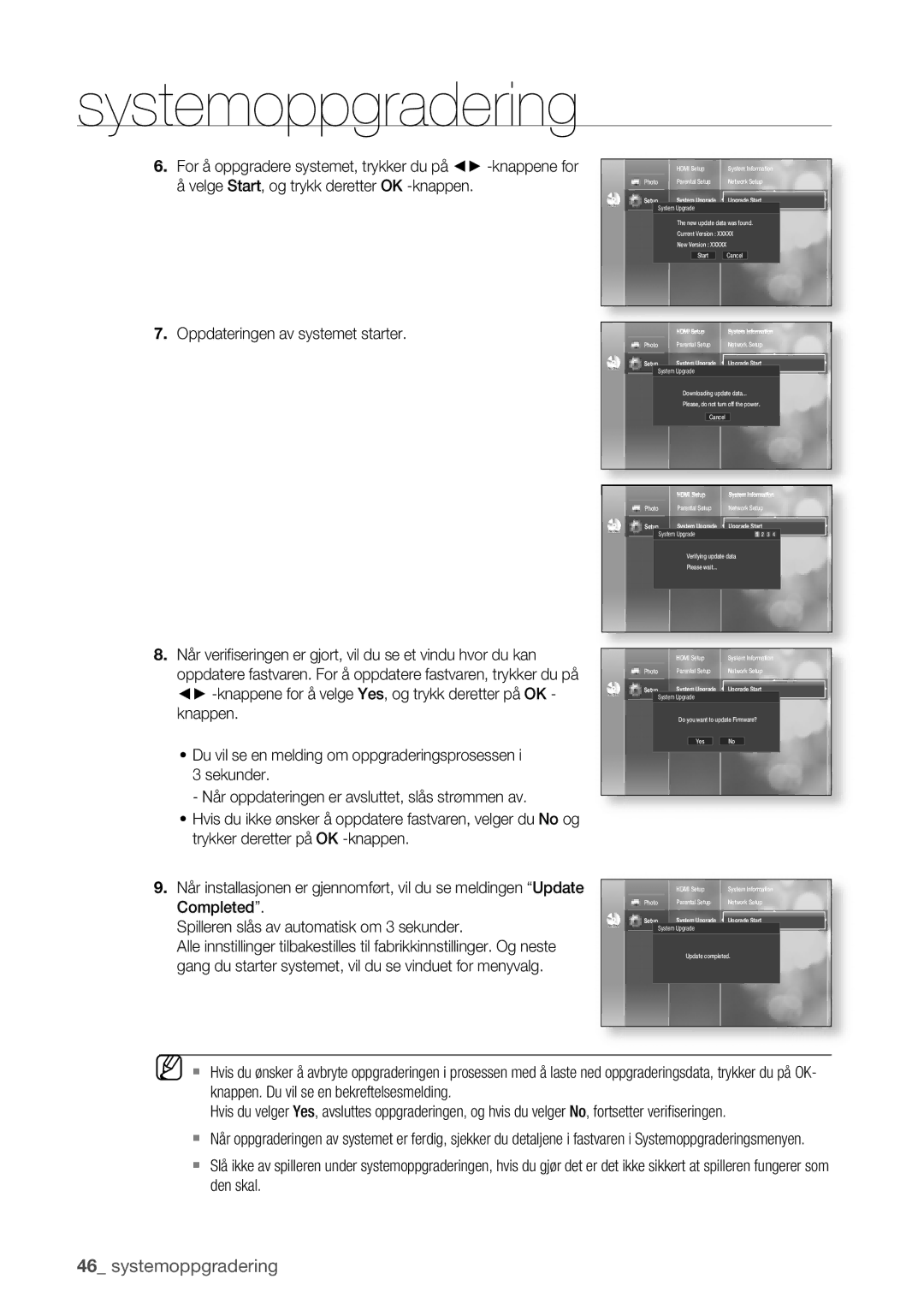 Samsung BD-P1400/XEE manual Oppdateringen av systemet starter 