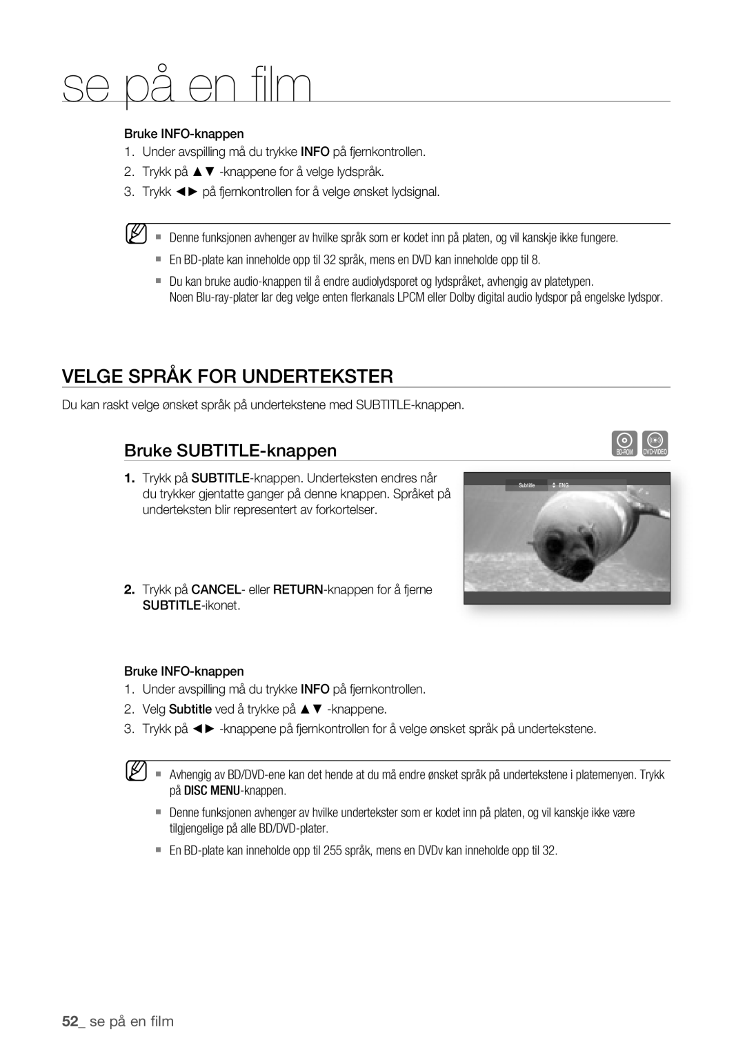 Samsung BD-P1400/XEE manual Velge Språk for Undertekster, Bruke SUBTITLE-knappen 