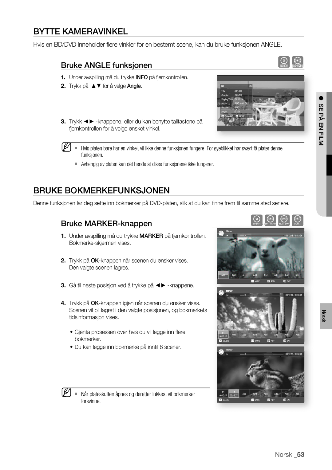 Samsung BD-P1400/XEE Bytte Kameravinkel, Bruke Bokmerkefunksjonen, Bruke Angle funksjonen, Bruke MARKER-knappen, Forsvinne 