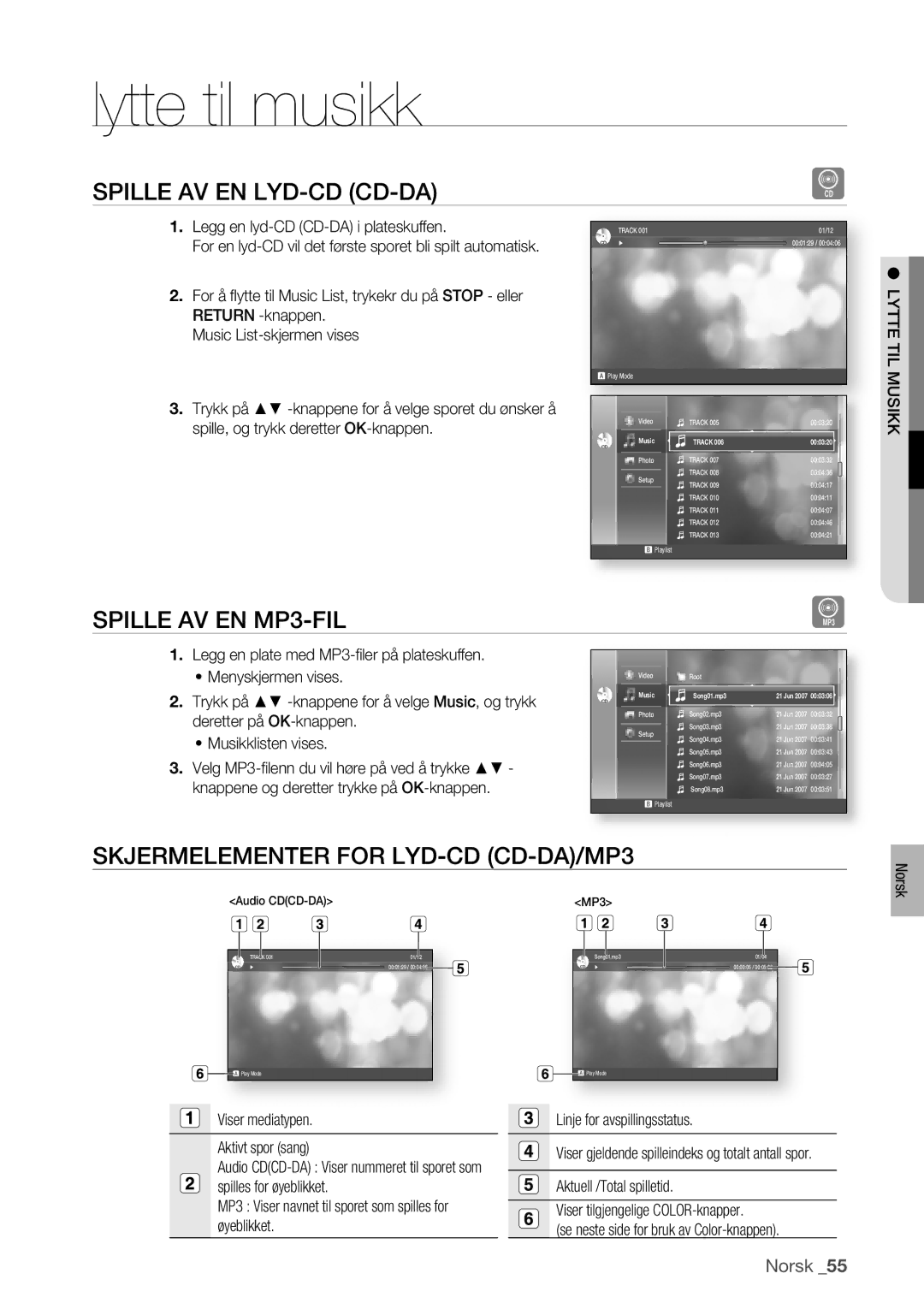 Samsung BD-P1400/XEE manual Lytte til musikk, Spille AV EN LYD-CD CD-DA, Spille AV EN MP3-FIL 