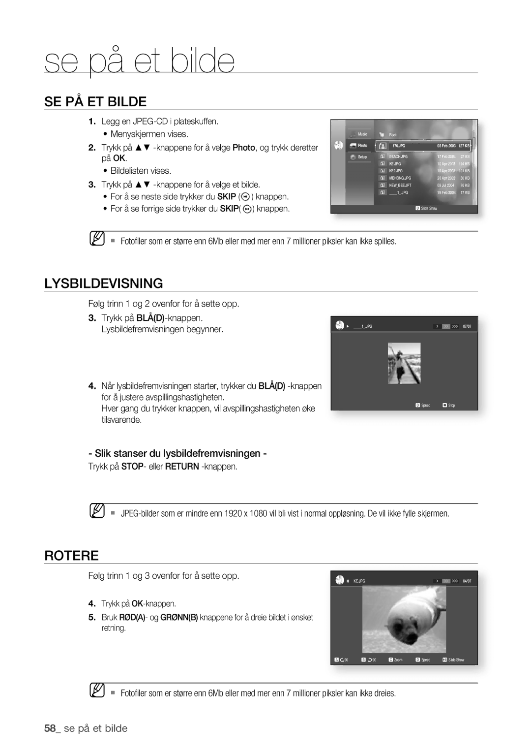 Samsung BD-P1400/XEE manual Se på et bilde, SE PÅ ET Bilde, Lysbildevisning, Rotere 