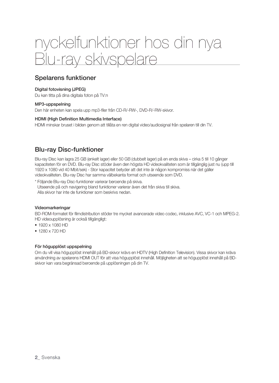 Samsung BD-P1400/XEE manual Nyckelfunktioner hos din nya Blu-ray skivspelare, Spelarens funktioner 