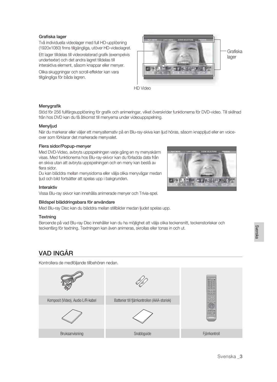 Samsung BD-P1400/XEE manual VAD Ingår, Graﬁska lager, Era sidor, Kontrollera de medföljande tillbehören nedan Svenska 