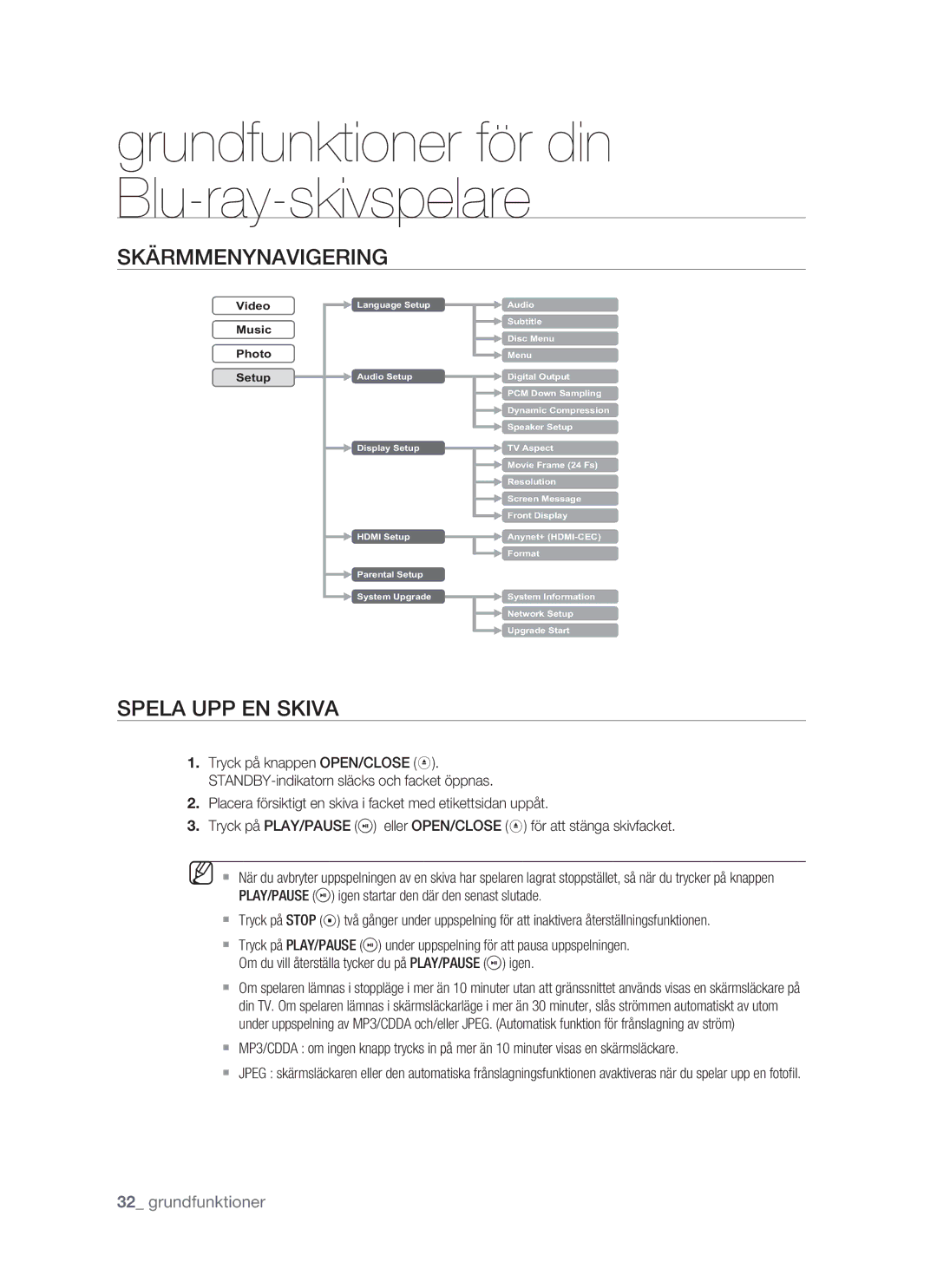 Samsung BD-P1400/XEE manual Skärmmenynavigering, Spela UPP EN Skiva 