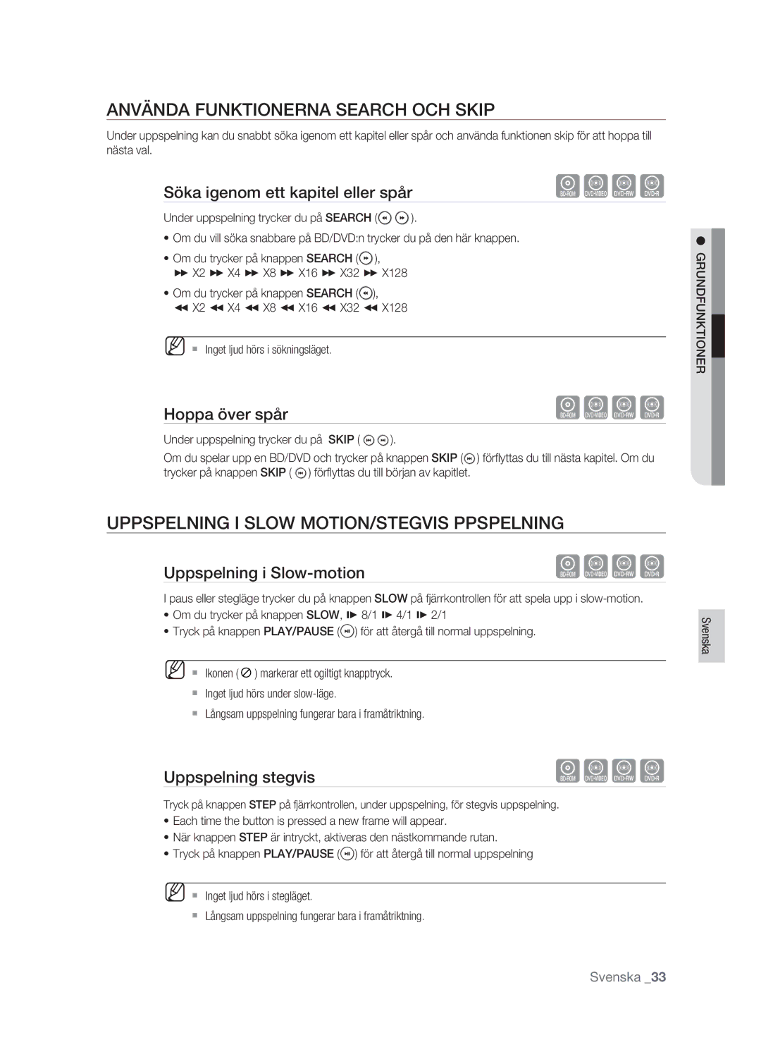 Samsung BD-P1400/XEE manual Använda Funktionerna Search OCH Skip, Uppspelning I Slow MOTION/STEGVIS Ppspelning 