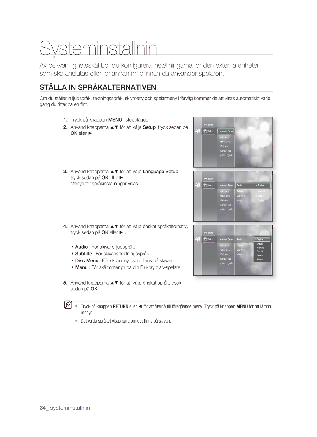 Samsung BD-P1400/XEE manual Systeminställnin, Ställa in Språkalternativen 