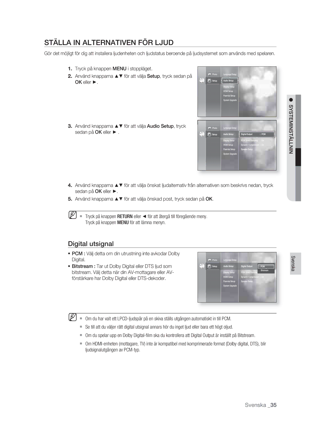 Samsung BD-P1400/XEE manual Ställa in Alternativen FÖR Ljud, Digital utsignal, Systeminställnin 