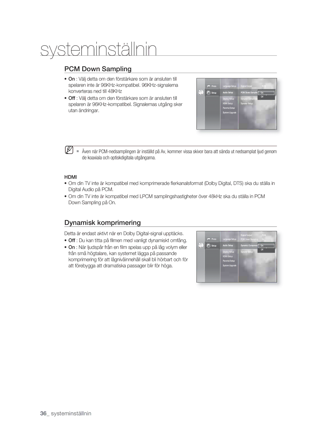 Samsung BD-P1400/XEE manual PCM Down Sampling, Dynamisk komprimering, Hdmi 