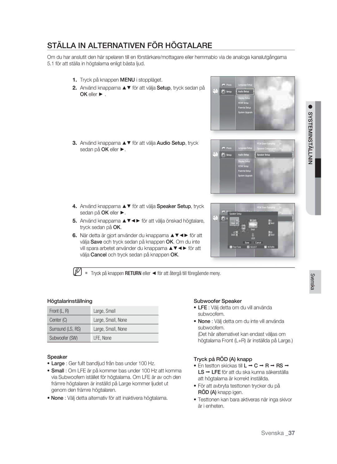 Samsung BD-P1400/XEE manual Ställa in Alternativen FÖR Högtalare, Tryck sedan på OK, Är i enheten 