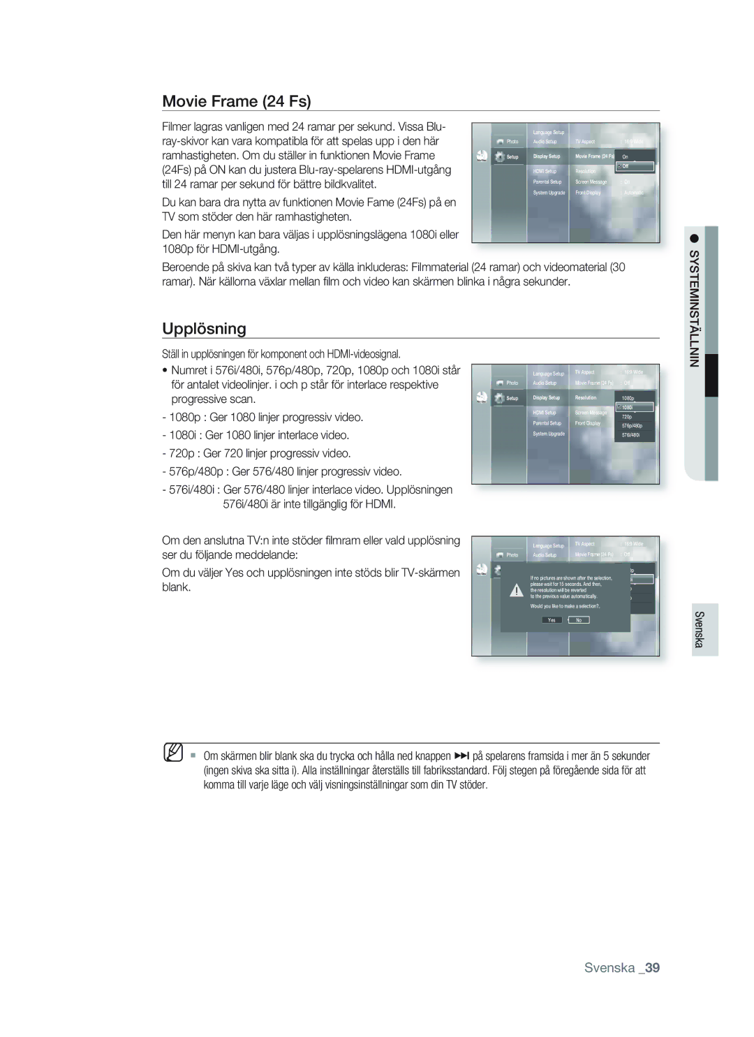 Samsung BD-P1400/XEE manual Movie Frame 24 Fs, Upplösning, Ray-skivor kan vara kompatibla för att spelas upp i den här 