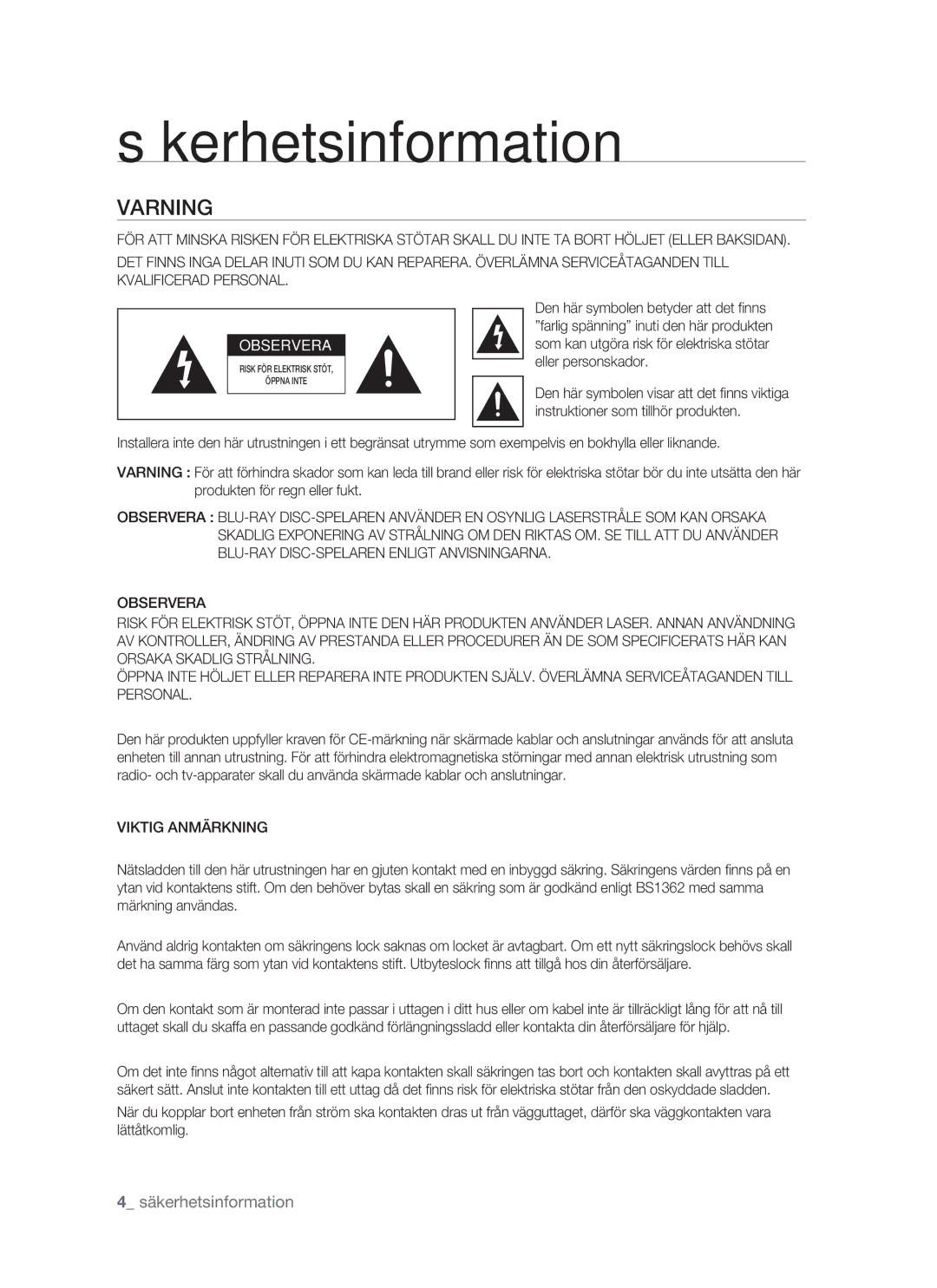 Samsung BD-P1400/XEE manual Säkerhetsinformation, Varning, Viktig Anmärkning 