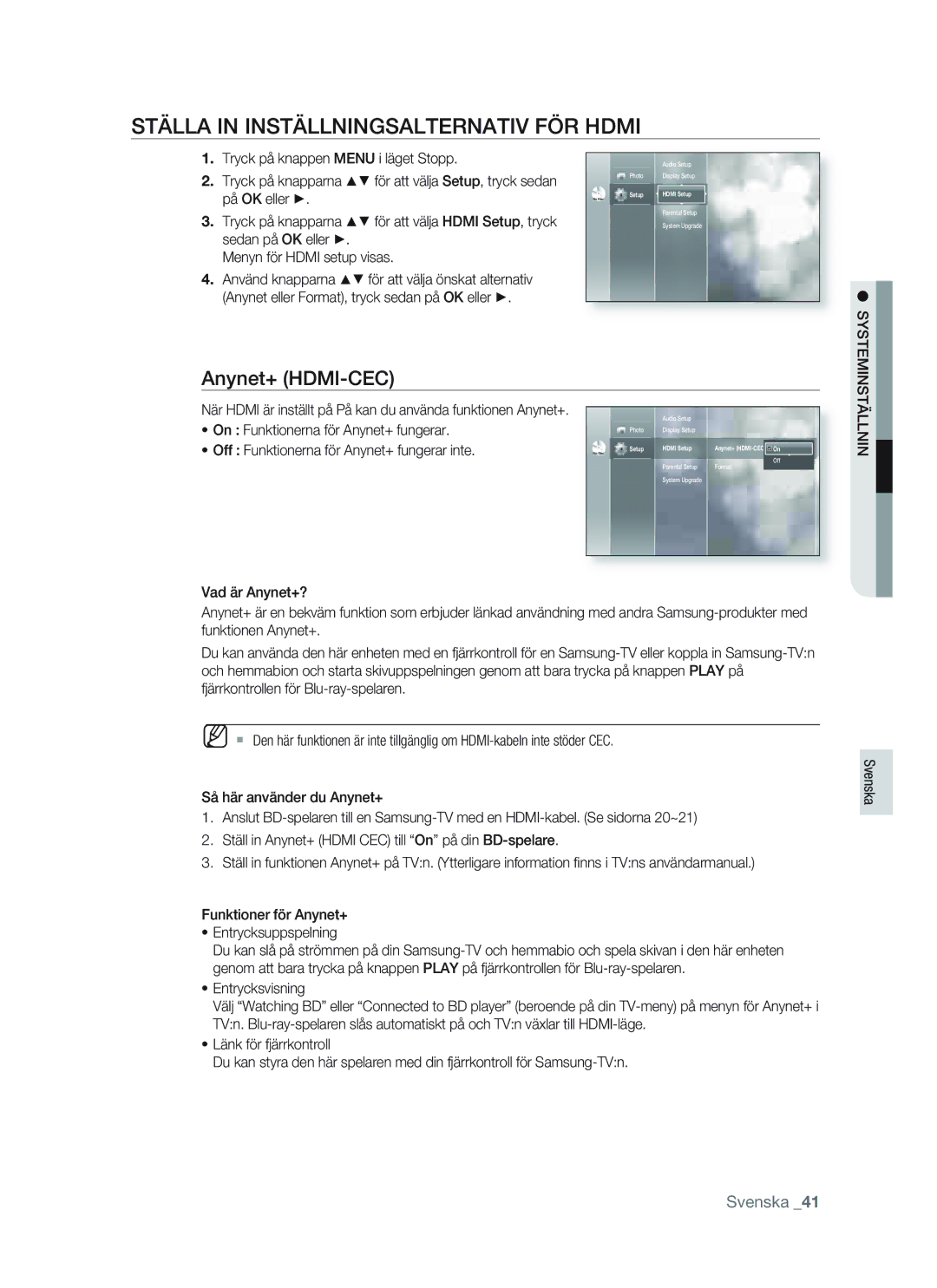 Samsung BD-P1400/XEE manual Ställa in Inställningsalternativ FÖR Hdmi, Anynet+ HDMI-CEC 