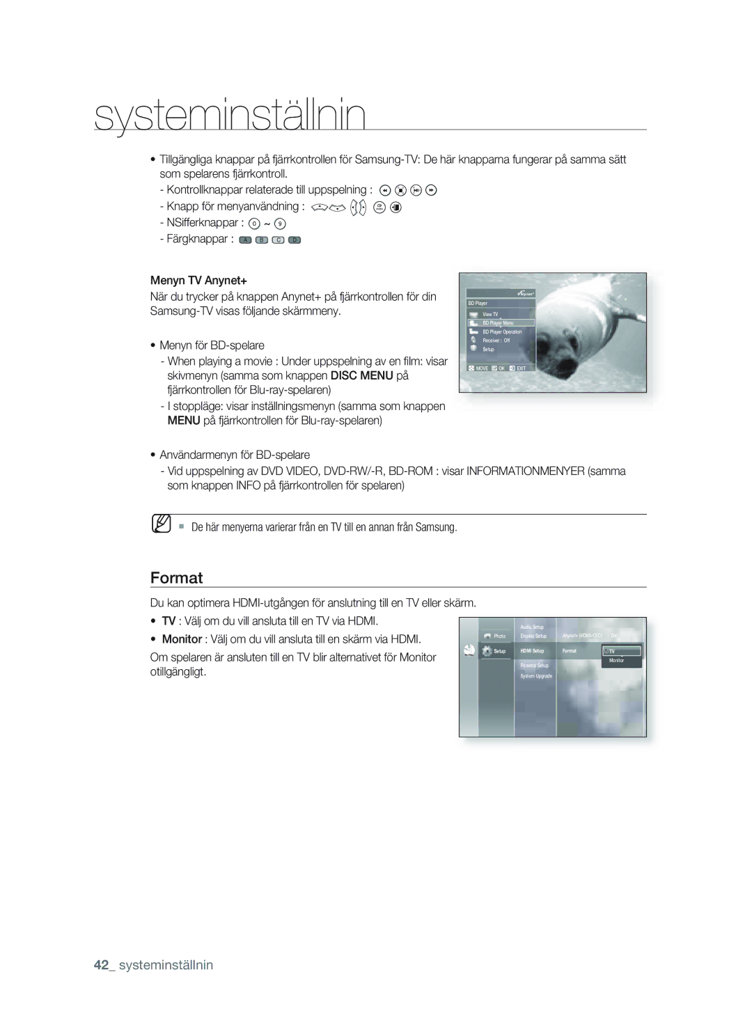 Samsung BD-P1400/XEE manual Format, TV Välj om du vill ansluta till en TV via Hdmi, Otillgängligt 