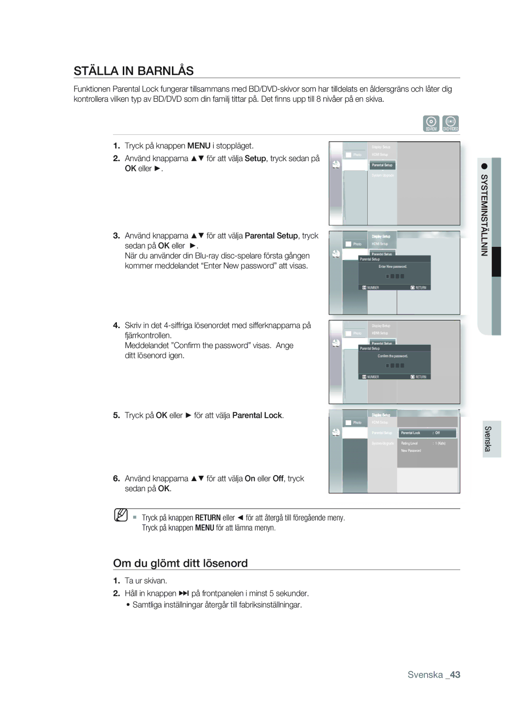 Samsung BD-P1400/XEE manual Ställa in Barnlås, Om du glömt ditt lösenord, Tryck på OK eller för att välja Parental Lock 