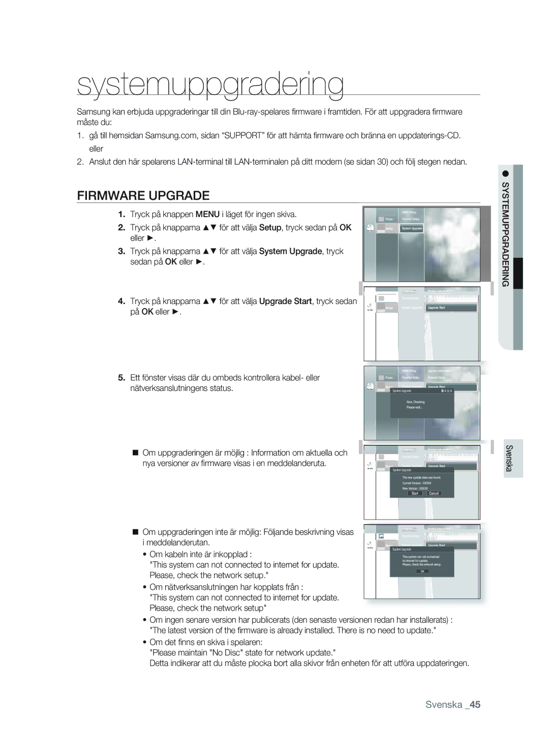 Samsung BD-P1400/XEE manual Systemuppgradering, Firmware Upgrade 