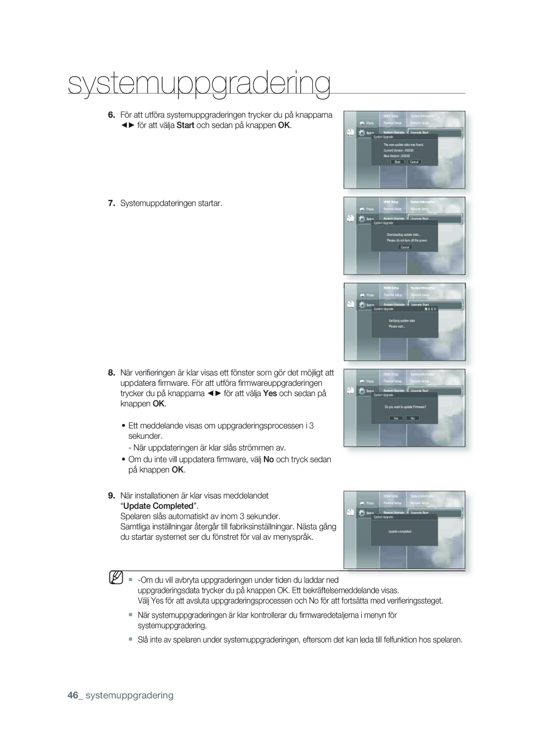 Samsung BD-P1400/XEE manual Systemuppgradering 