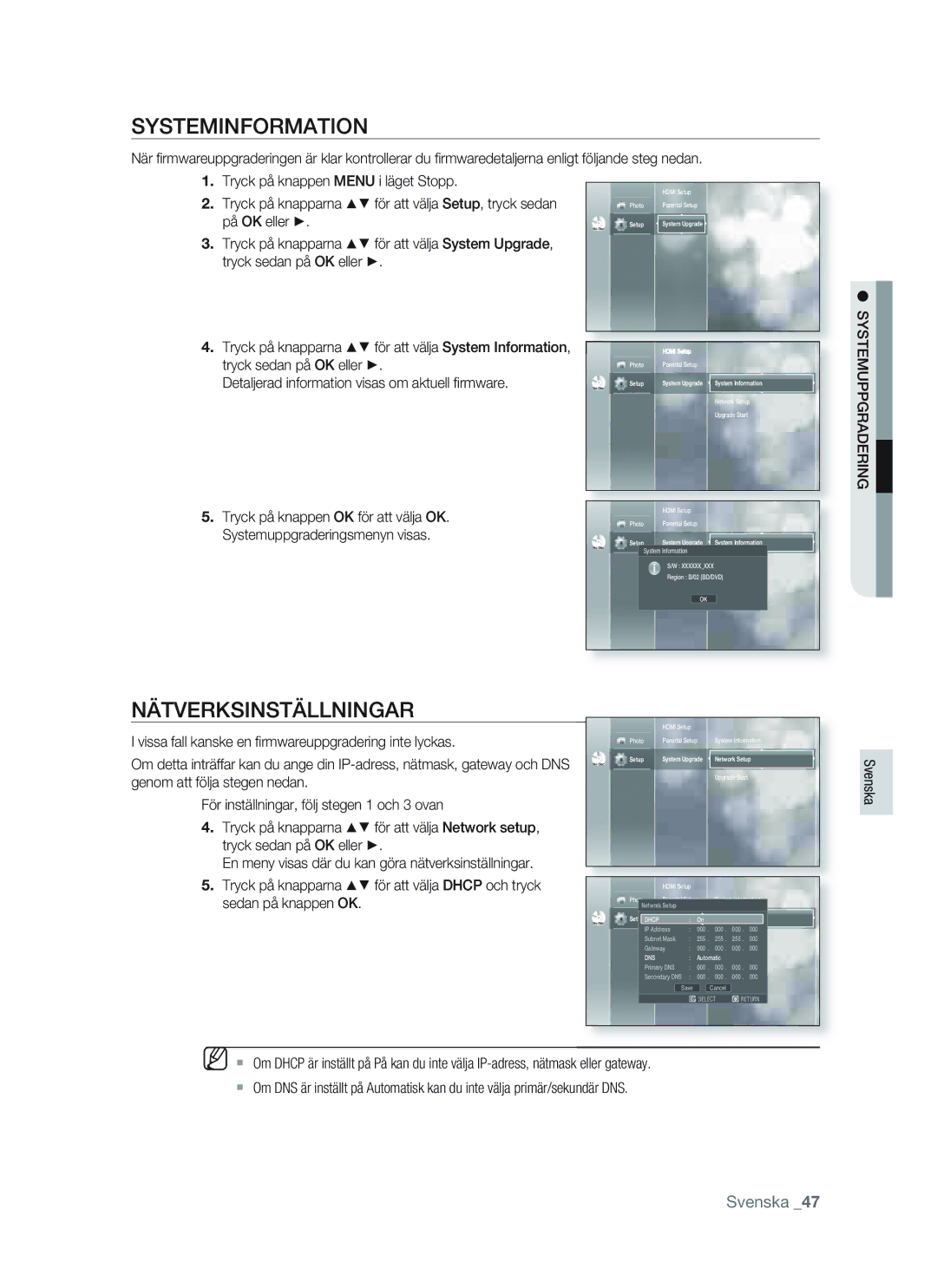 Samsung BD-P1400/XEE manual Systeminformation, Nätverksinställningar, Vissa fall kanske en ﬁ rmwareuppgradering inte lyckas 