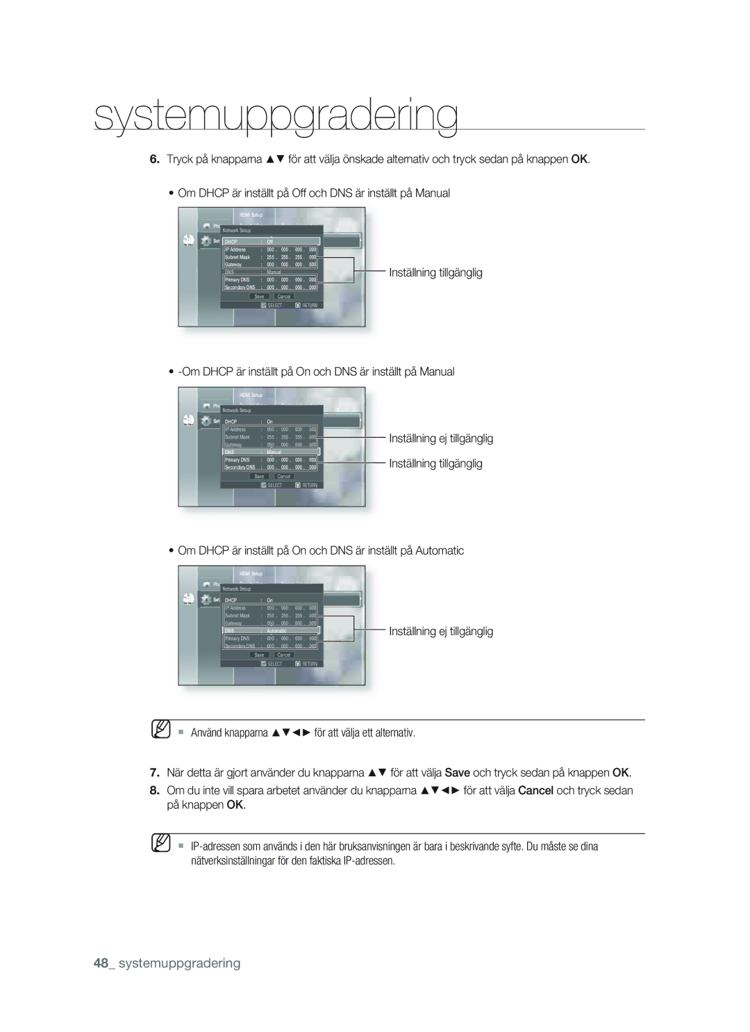 Samsung BD-P1400/XEE manual Om Dhcp är inställt på On och DNS är inställt på Manual 