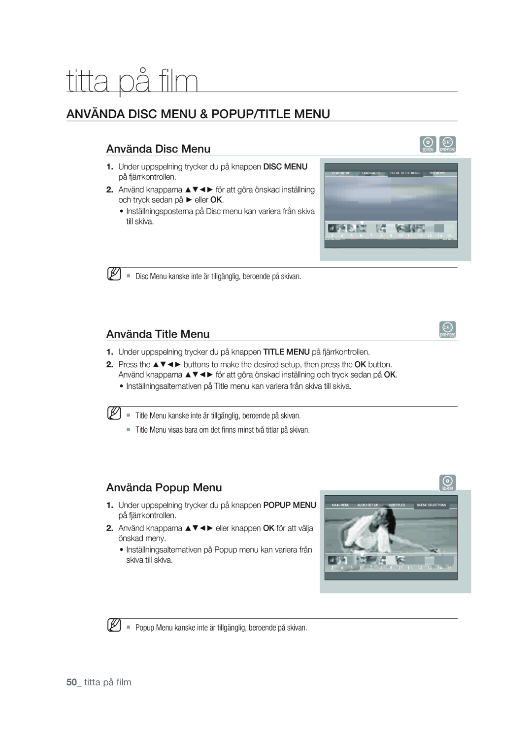 Samsung BD-P1400/XEE manual Använda Disc Menu & POPUP/TITLE Menu, Använda Title Menu, Använda Popup Menu 