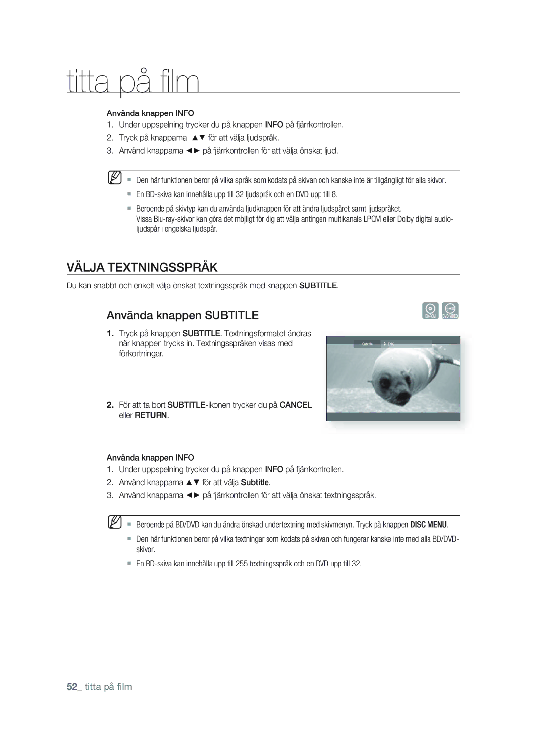 Samsung BD-P1400/XEE manual Välja Textningsspråk, Använda knappen Subtitle 