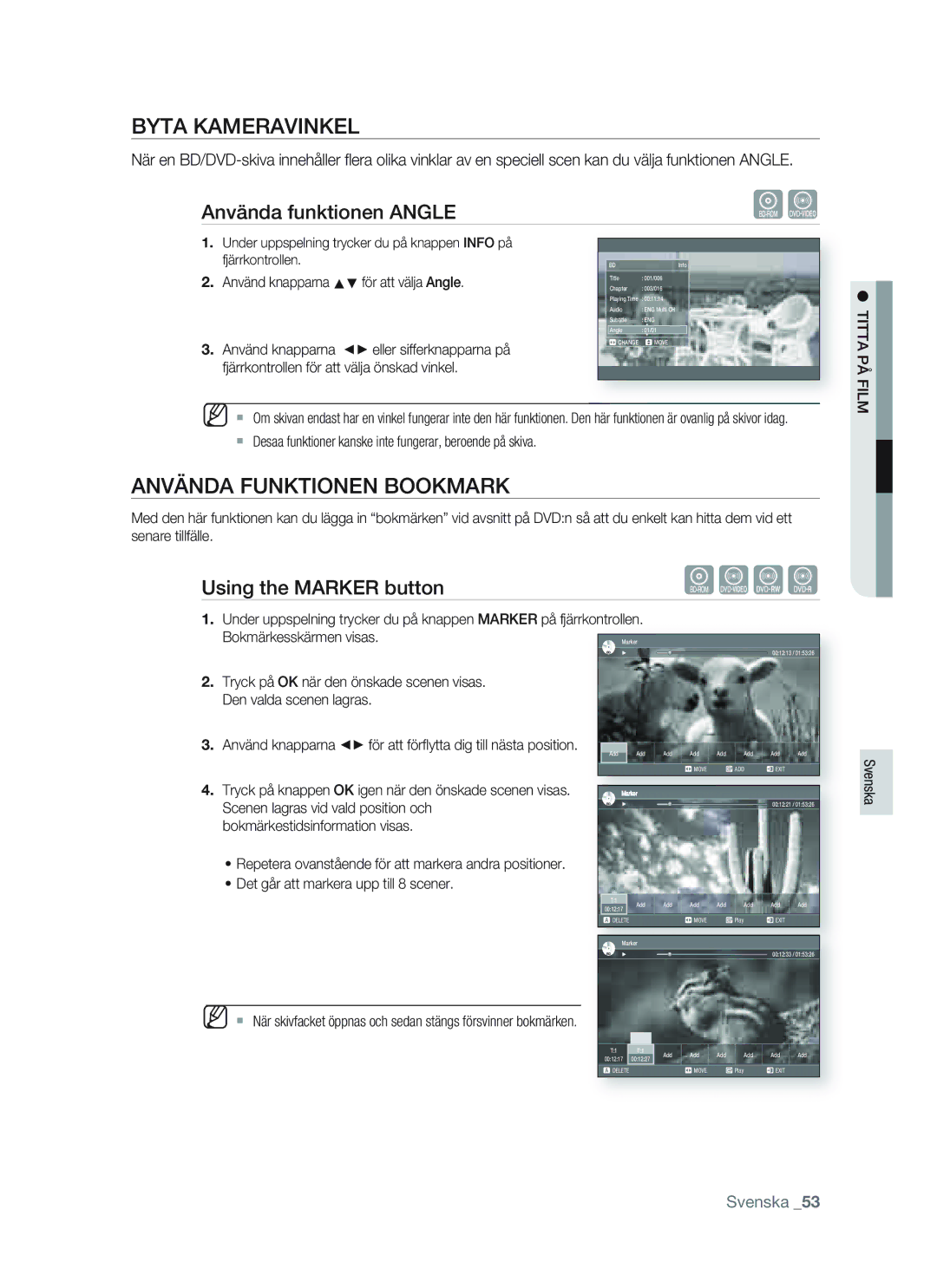 Samsung BD-P1400/XEE Byta Kameravinkel, Använda Funktionen Bookmark, Använda funktionen Angle, Using the Marker button 