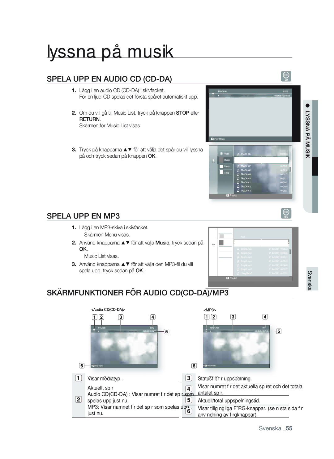 Samsung BD-P1400/XEE Lyssna på musik, Spela UPP EN Audio CD CD-DA, Spela UPP EN MP3, Skärmfunktioner FÖR Audio CDCD-DA/MP3 