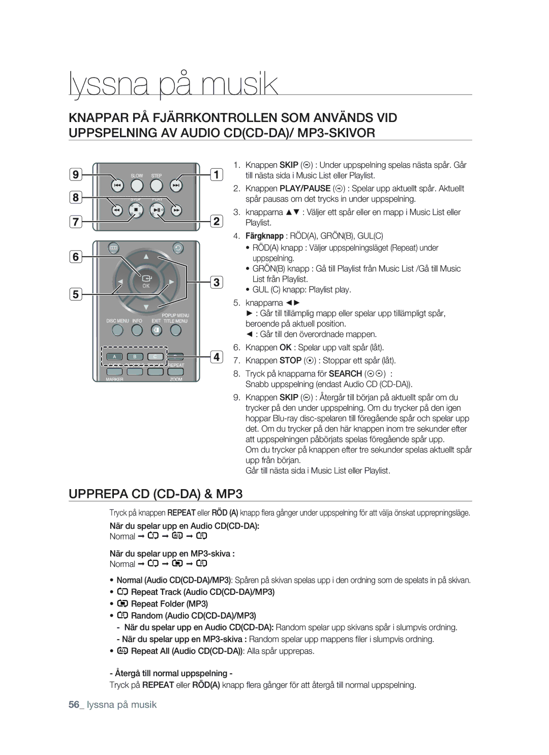 Samsung BD-P1400/XEE manual Upprepa CD CD-DA & MP3 