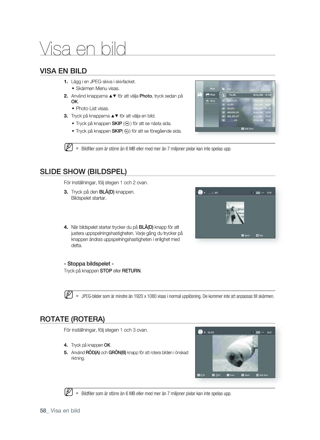 Samsung BD-P1400/XEE manual Visa en bild, Visa EN Bild, Slide Show Bildspel, Rotate Rotera 